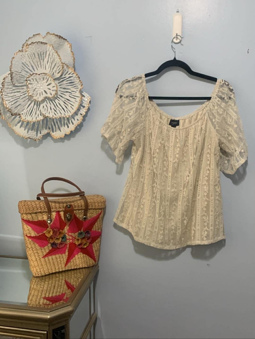 Women's Cream Lace Peasant Top - Lightweight Boho Blouse